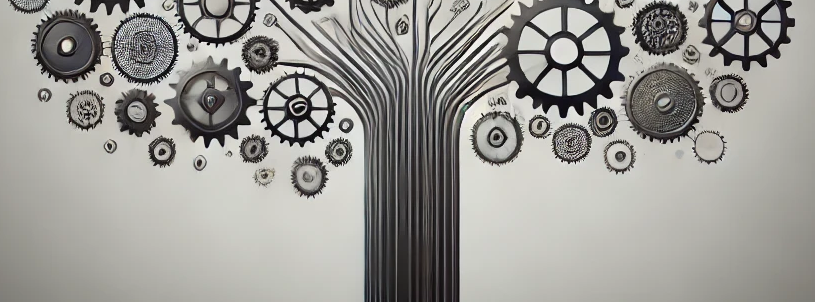 A stylized tree with branches made of interconnected mechanical gears, symbolizing innovation, growth, and systemized collaboration.